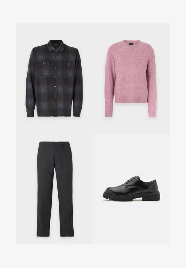 Pink strikket sweater med rund halsudskæring, lange ærmer og ribbestrikkede ærmekanter. Blød tekstur og afslappet pasform, velegnet til afslappet brug.; Langærmet skjorte med knapper i sort og mørkegrå ternet mønster, med to brystlommer og standard krave. Glat stoftekstur.; Mørkegrå skræddersyede bukser med en glat tekstur, lige ben, forlommer og bæltestropper til justerbar pasform.; Sorte lædersko med rund tå, snørelukning og en tykk, struktureret gummisål. Har syninger langs kanten og en glat overflade.