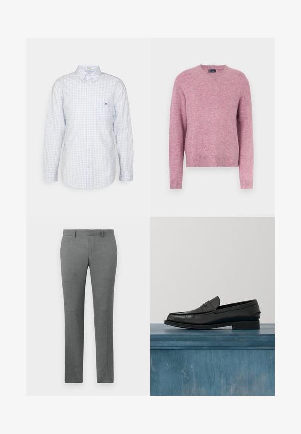 Roze gebreide trui met een ronde hals, lange mouwen en geribbelde boorden. Zachte textuur en een ontspannen pasvorm, geschikt voor casual dragen.; Lichtblauw geruit overhemd met knopen, lange mouwen, kraag en klein logo op de borst. Gemaakt van katoen, met een gladde textuur.; Grijze op maat gemaakte broek met een gladde textuur, rechte pijpdesign, riemlussen en een subtiel visgraatpatroon doorheen.; Zwarte leren loafers met een strak ontwerp, voorzien van een gestikte neus en een gladde afwerking. De schoen heeft een lage hak en minimale details.