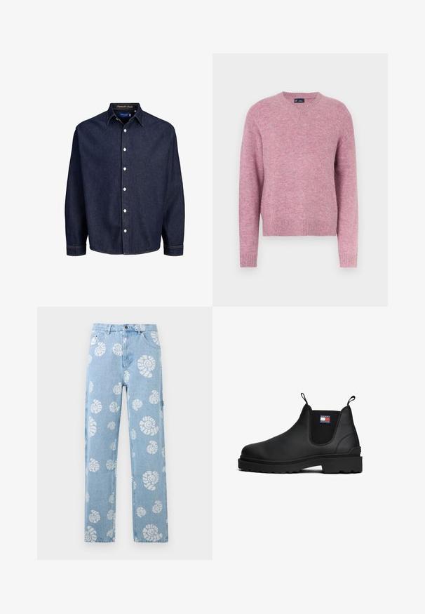 Jersey de punto rosa con cuello redondo, mangas largas y puños acanalados. Textura suave y ajuste relajado, ideal para uso casual.; Camisa de mezclilla azul oscuro con frente abotonado, mangas largas y cuello clásico, que presenta botones blancos y costuras en contraste.; Vaqueros de mezclilla azul claro con patrones de conchas en espiral blancas, corte recto, bolsillos delanteros y pasadores para cinturón.; Botas Chelsea de cuero negro con superficie texturizada, paneles laterales elásticos y tiradores; suela de goma gruesa con diseño de banda de rodadura.
