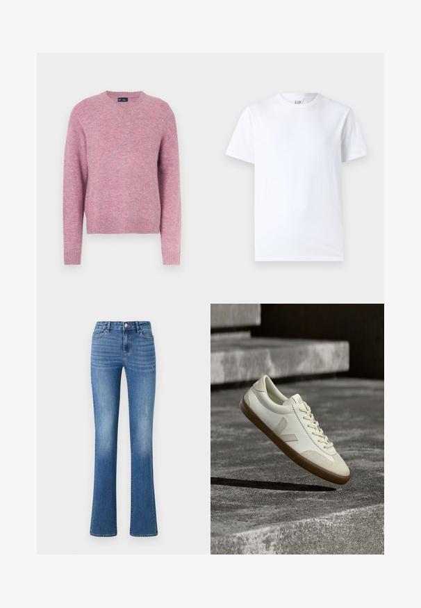 Roze gebreide trui met een ronde hals, lange mouwen en geribbelde boorden. Zachte textuur en een ontspannen pasvorm, geschikt voor casual dragen.; Witte katoenen T-shirt met ronde halslijn en korte mouwen. Eenvoudig ontwerp zonder patronen of graphics, met GAP-merk op de kraag.; ONLY ONLWAUW MID WAIST - Slim fit jeans - medium blue denim; Witte leren sneakers met een bruine rubberen zool, platte veters en een V-vormig accent aan de zijkant. Ze hebben een glad oppervlak en minimale stikdetails.