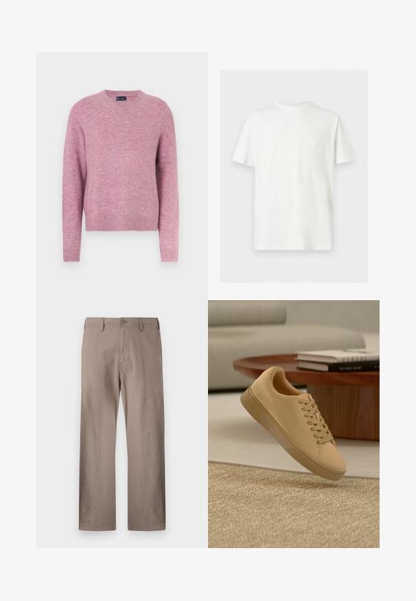 Jersey de punto rosa con cuello redondo, mangas largas y puños acanalados. Textura suave y ajuste relajado, ideal para uso casual.; Camiseta blanca de manga corta con cuello redondo y ajuste relajado sobre un fondo claro y liso.; Pantalones rectos color beige hechos de tela ligera con cierre de botón, que cuentan con bolsillos frontales y costuras limpias.; Zapatilla beige con cordones flotando sobre una alfombra texturizada con una mesa de café de madera y libros apilados en un fondo desenfocado.