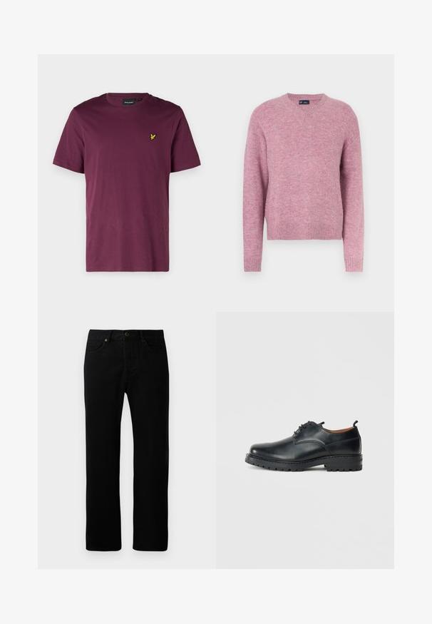 Pink strikket sweater med rund halsudskæring, lange ærmer og ribbestrikkede ærmekanter. Blød tekstur og afslappet pasform, velegnet til afslappet brug.; Mørkerød bomulds t-shirt med rund hals, korte ærmer og et lille gult ørne-logo på venstre bryst. Glat overflade, almindelig pasform.; Sorte denimjeans med lige ben-design, fem-lomme stil, frontknaplukning og diskrete syninger.; Sorte læder derby-sko med en glat overflade, rund tå, snøre-design og en tyk, robust gummisål.