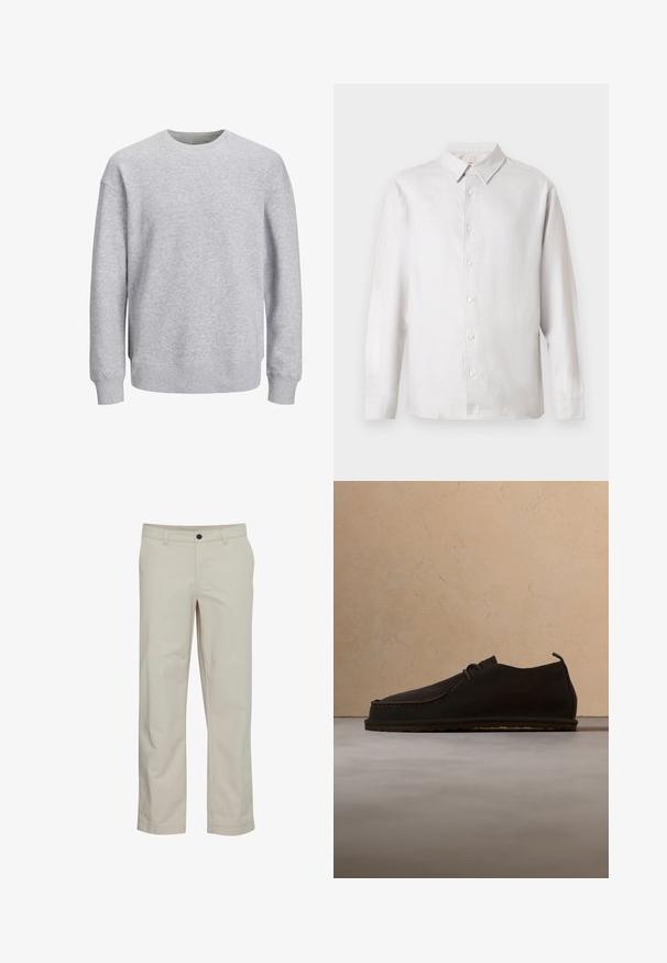 Sudadera gris con cuello redondo, mangas largas y puños y dobladillo acanalados. Confeccionada en tejido suave, presenta un corte relajado sin patrones ni adornos.; Camisa blanca de manga larga con botón y collar, siete botones y un sutil logo bordado en el lado izquierdo del pecho.; Pantalones de algodón beige con diseño de pierna recta, bolsillos delanteros y cierre de un solo botón. Textura suave y detalles mínimos de costuras.; Zapato casual de cuero marrón oscuro con cordones colocado en posición vertical sobre una alfombra frente a un sofá beige.