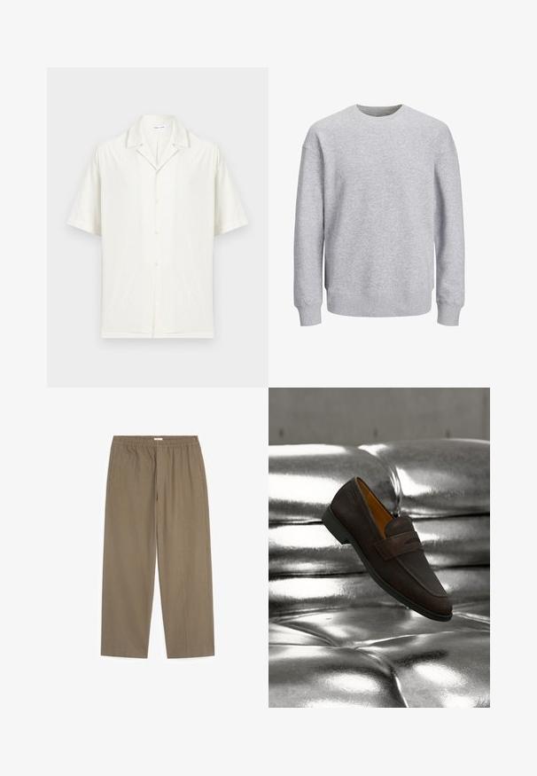 Sweatshirt gris avec un col rond, des manches longues et des poignets et un ourlet côtelés. Fabriqué dans un tissu doux, il présente une coupe décontractée sans motifs ni accents.; Chemise blanche à manches courtes avec col campagnard et tissu texturé subtil, présentée sur un fond clair uni.; Pantalon droit marron clair à taille élastique avec poches latérales, conçu pour une tenue décontractée ou professionnelle.; Chaussure mocassin en cuir marron avec une semelle noire basse, placée contre un fond de coussin argenté métallique brillant et capitonné.