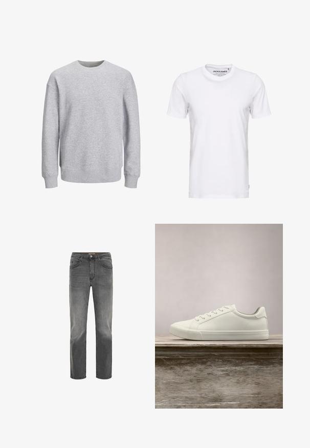 Grauer Pullover mit Rundhalsausschnitt, langen Ärmeln und gerippten Bündchen sowie Saum. Hergestellt aus weichem Stoff, bietet einen lässigen Schnitt ohne Muster oder Akzente.; Weißes T-Shirt mit kurzen Ärmeln aus Baumwolle, mit Rundhalsausschnitt und einem schlichten Design. Markentag im Nackenbereich sichtbar. Keine Muster oder Verzierungen.; Graue Denim-Jeans mit geradem Schnitt, fünf Taschen-Design und einem dezenten, verblassten Finish. Verfügt über einen Knopf- und Reißverschluss.; Weiße Schnürsneaker, die über einer Holzbank mit grünem Laub im Hintergrund schweben und das Schuhdesign sowie die Textur zeigen.