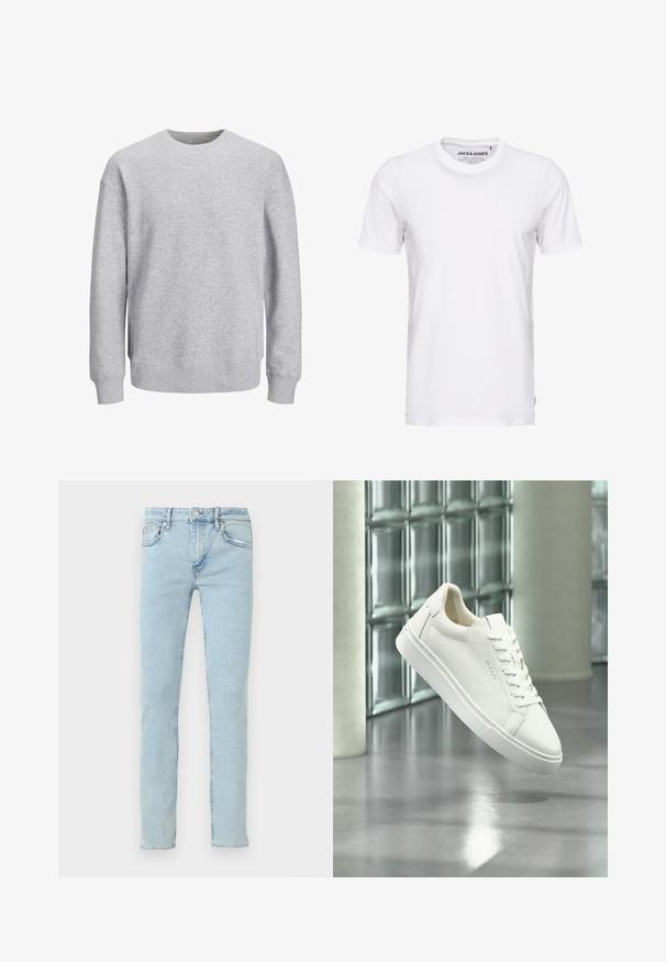 Grå sweatshirt med rund halsudskæring, lange ærmer og ribbede manchetter og bund. Lavet af blødt materiale, har en afslappet pasform uden mønstre eller detaljer.; Hvid t-shirt med korte ærmer lavet af bomuld, med en rund hals og et enkelt design. Brandtag synlig på halsområdet. Ingen mønstre eller accenter.; Lyseblå denimjeans med lige ben, der har fem lommer, diskret falmning og klassiske syningsdetaljer.; Hvid lav top sneaker med snørebånd, der svæver over en reflekterende betongulv mod en glasblokvæg baggrund.