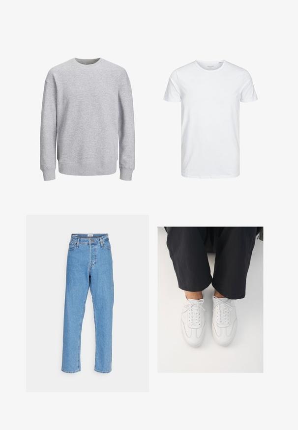 Grå sweatshirt med rund halsudskæring, lange ærmer og ribbede manchetter og bund. Lavet af blødt materiale, har en afslappet pasform uden mønstre eller detaljer.; Rundhals kortærmet t-shirt i ensfarvet hvid, lavet af blød bomuld, har et simpelt design uden synlige mønstre eller detaljer.; Lyseblå højtaljede lige ben jeans med knap foran, lynlåslukning, bæltestropper og fem-lomme design på hvid baggrund.; Hvide lædersneakers med en glat overflade, rund tå og klassisk snøresystem, placeret over mørke, løse bukser.