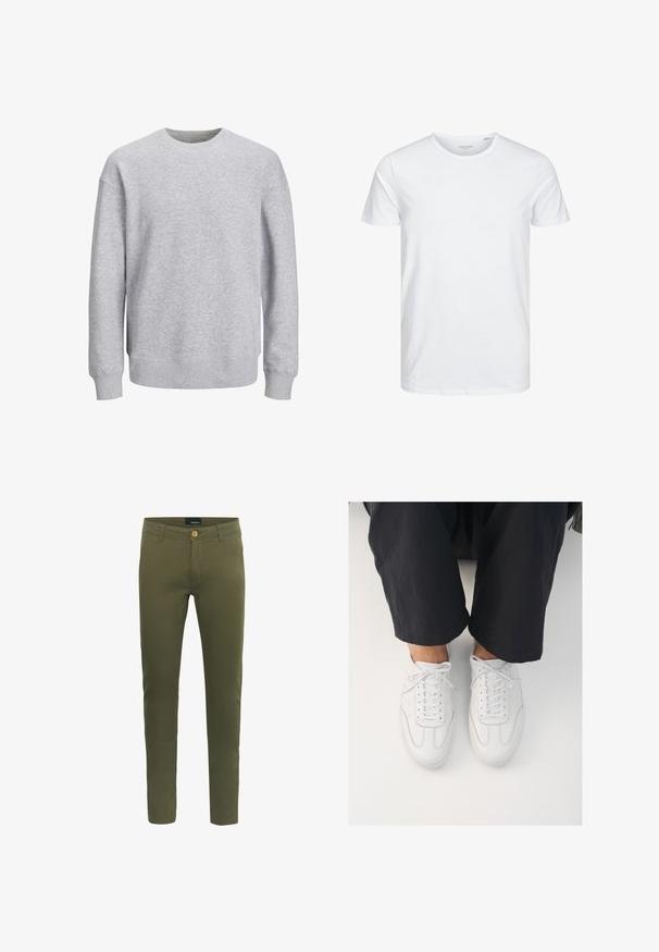 Hallitus hall sweatshirt, ümmarguse kaeluse, pikkade varrukate ning ribatud mansettide ja äärtega. Valmistatud pehmest kangast, omab mugavat lõiget, ilma mustrite või aksessuaarideta.; Ümmarguse kaelusega lühikeste varrukatega T-särk, mis on puhtast valgest pehmest puuvillast, omab lihtsat disaini ilma nähtavate mustrite või aktsentideta.; Selle pehmeast puuvillasegist materjalist oliivrohelised püksid, millel on esine nuppude sulgemine, vöökohad ja slim-fit disain.; Valged nahast tossud, millel on sile tekstuur, ümar varvas ja klassikaline nöörimis süsteem, paiknevad tumedate, vabalt istuvate pükste kohal.