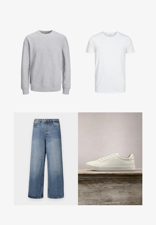 Grijze sweat sweatshirt met een ronde hals, lange mouwen en geribde boorden en onderrand. Gemaakt van zachte stof, heeft een relaxte pasvorm zonder patronen of accenten.; Ronde hals kortemouwen t-shirt in effen wit, gemaakt van zachte katoen, heeft een eenvoudig ontwerp zonder zichtbare patronen of accenten.; Wijde blauwe denim jeans met een vervaagde was, vijf zakken en een knoopsluiting. Voorzien van riemlussen en gestikte details.; Witte vetersneaker die boven een houten bank zweeft met groene bladeren op de achtergrond, waarbij het ontwerp en de textuur van de schoen worden getoond.
