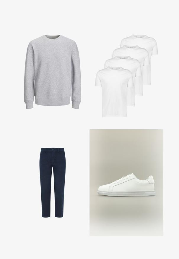 Grå sweatshirt med rund halsudskæring, lange ærmer og ribbede manchetter og bund. Lavet af blødt materiale, har en afslappet pasform uden mønstre eller detaljer.; Hvide bomulds T-shirts, kortærmede, rund halsudskæring, glat tekstur, stableret i fire stykker med ensartet design uden mønstre eller accenter.; Marineblå bomulds-chinos med knaplukning, lige ben og en glat tekstur. Har sidelommer og en enkelt baglomme.; Lavtop hvid sneaker med snørelukning foran og tekstureret gummisål mod en ensartet neutral baggrund.