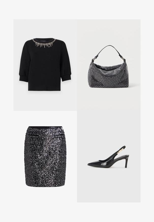 Sort top med trekvartlange ærmer og rund halsudskæring prydet med et halvcirkelformet mønster af sølvfarvede rhinestones og en lille signaturdetalje.; Sort paillet-miniskørt med en tæt design, der har en struktureret overflade og to små lynlåslommer foran.; Sort læder slingback højhælede sko med spidse tæer, glat overflade og en smal ankelrem med guldfarvede hardware detaljer.; Sort og sølv håndtaske med en vævet, struktureret overflade med firkantede mønstre, en enkel top håndtag og et slasket design.