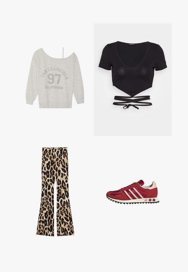 Even&Odd Sweatshirt - mottled light grey; Even&Odd T-Shirt print - black; Schlaghosen mit einem Leopardenmuster in Schwarz- und Brauntönen, gerippter Textur und hohem Taillendesign.; Roter Sportschuh mit Obermaterial aus Wildleder und Mesh, ausgestattet mit drei hellrosa Streifen, einem strukturierten Design und einer schwarzen Gummisohle mit Stollen.