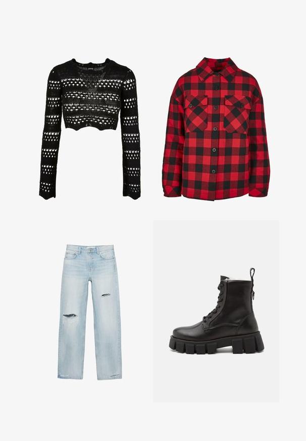 Pull noir court en tricot texturé, avec des manches longues, des motifs en maille ouverte et un col rond.; Chemise en flanelle à carreaux rouges et noirs, style boutonné, avec deux poches poitrine et un col rabattu. Tissu en coton, coupe décontractée.; Jean droit bleu clair avec des déchirures usées sur la cuisse droite, le genou gauche et près des ourlets inférieurs.; Bottines en cuir noir avec une semelle en caoutchouc épaisse, bout rond, fermeture à lacets à l'avant, et une languette à l'arrière pour un enfilage facile.