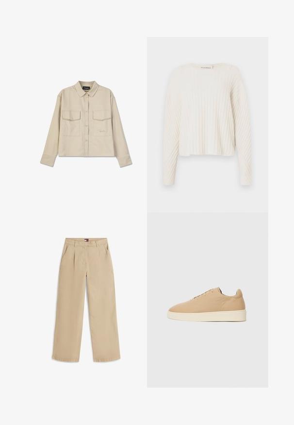 CLOSED CREW NECK - Striktrøje - ecru; Beige knap-up skjorte med krave, lange ærmer og to brystlommer. Har broderet logo og en glat, blød tekstur.; Beige bukser med lige ben, forreste læg, sidelommer, bæltestropper og en lille logoetiket på det indvendige linning.; Beige sneakers med en glat overflade, rund tå og minimalistisk design. Har en crèmefarvet sål og seks huller til snørebånd.