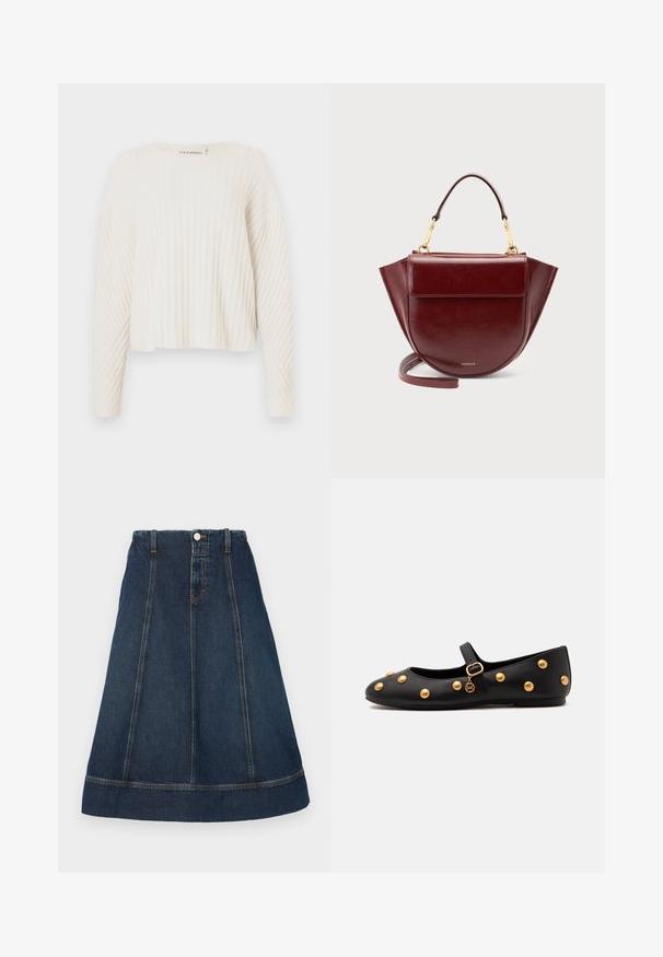 CLOSED CREW NECK - Strickpullover - ecru; Dunkelblaue A-Linien-Jeansrock mit geknöpftem Bund, fünf Schlaufen für einen Gürtel und kontrastierenden Nähten. Knielang mit gesäumtem Saum.; Schwarzer Mary Jane flacher Schuh mit goldenen, runden Nieten, einem goldenen Schnallenriemen und einem kleinen goldenen Anhänger, der am Riemen hängt.; Dunkelrote Ledertasche mit Tragegriff, goldenen Beschlägen, Klappvordertasche und langem Riemen, vor einem schlichten hellen Hintergrund.