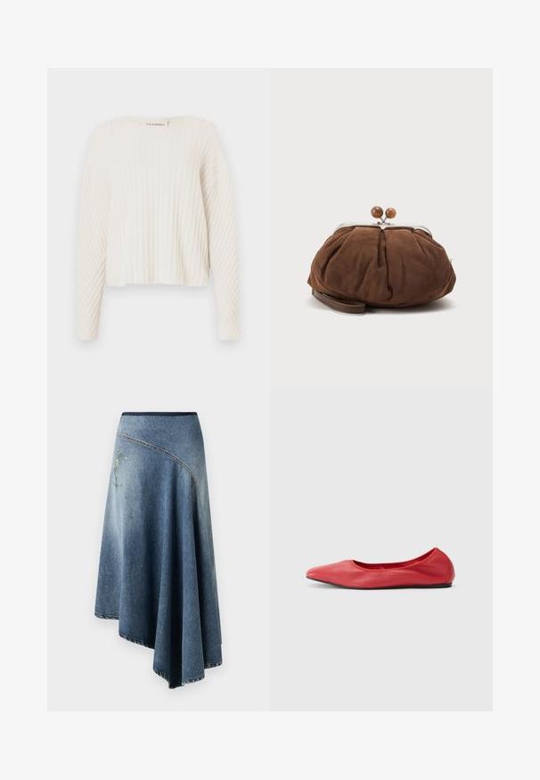 CLOSED CREW NECK - Trui - ecru; Denim wikkelrok in een licht naar donkerblauwe gradient, met een geborduurd bloemenpatroon aan één kant en zichtbare stikdetails langs de randen.; Filippa K REY FLATS - Ballerina's - bright red; Zachte bruine suède polstasje met zilverkleurige metalen frame en ronde bruine sluitknopjes op een effen lichte achtergrond.