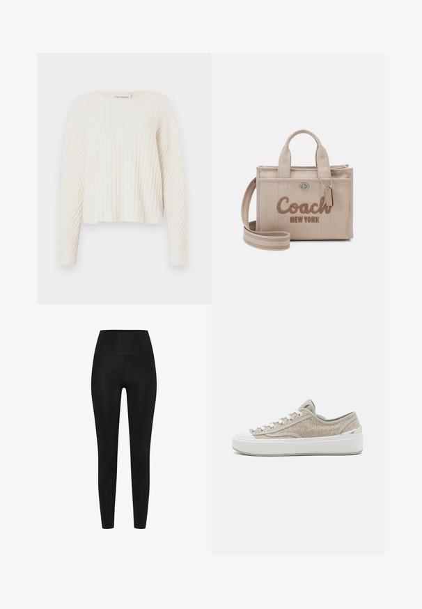 CLOSED CREW NECK - Striktrøje - ecru; Sorte leggings lavet af strækbart stof. Høj talje design, glat tekstur, tætsiddende silhuet, ingen synlige mønstre eller accenter.; Beige lærredssneakers med struktureret finish, hvid gummisål og sølvdetaljer. Har klassisk snørebåndsdesign og logo detalje.; Beige canvas håndtaske med broderet "Coach New York" logo, to topstænger, aftagelig rem og sølv hardware detaljer.