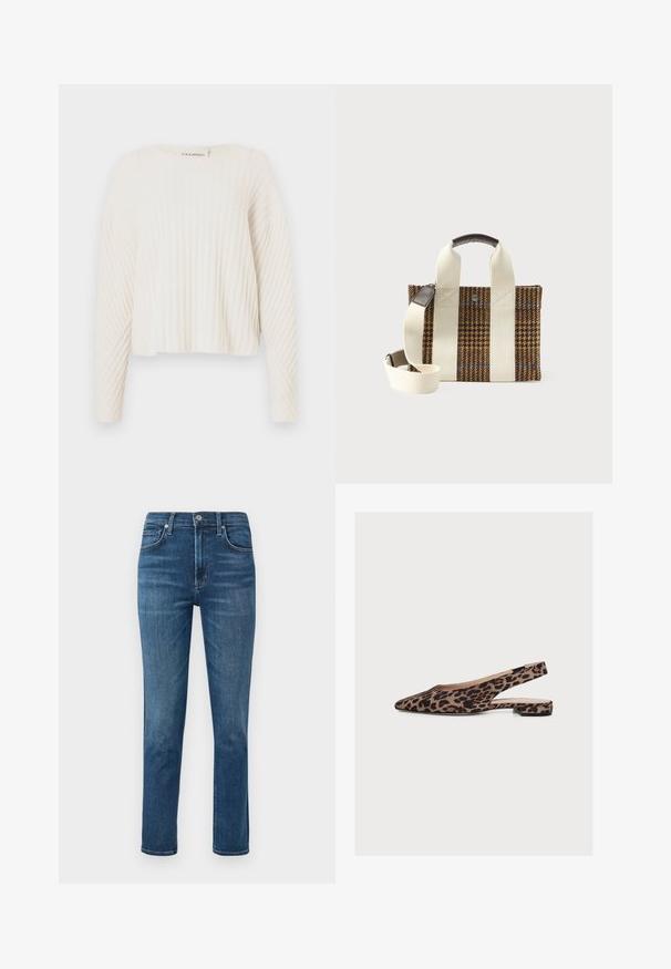 CLOSED CREW NECK - Striktrøje - ecru; Mørkeblå denim jeans med lige ben, fem-lomme design og en metalknap i taljen. Diskret falming og syninger.; Leopard-print flad slingback sko med spids tå og lav blokhæl på hvid baggrund.; Brun og sort houndstooth tote taske med brede cremefarvede stropper, læderhåndtag og justerbar cremefarvet skulderrem på hvid baggrund.