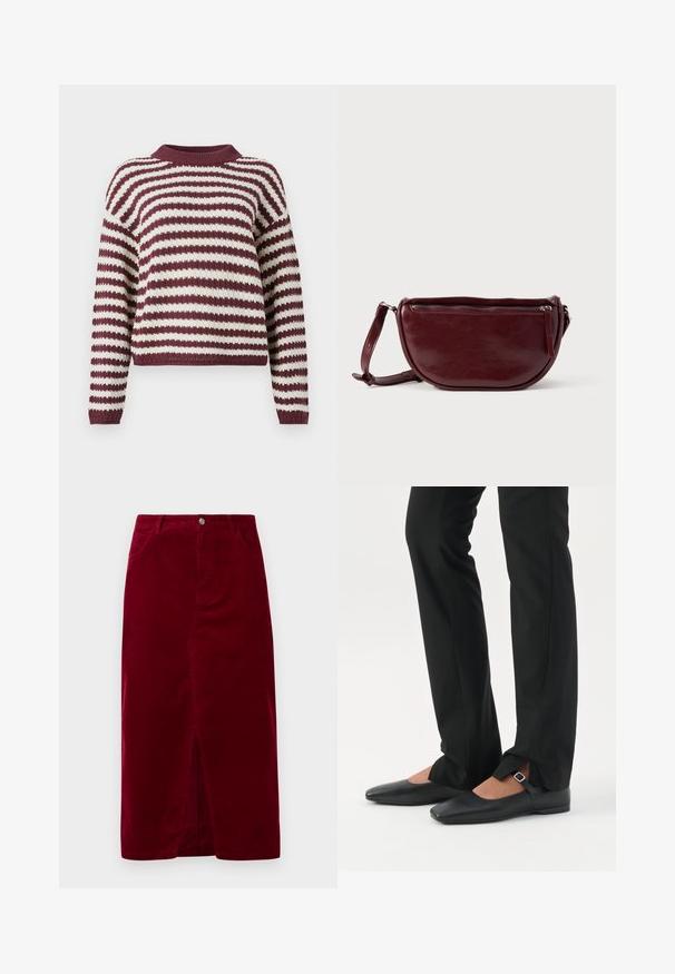 Strikket sweater med lange ærmer i burgunder og hvide vandrette striber samt en ribbet rund halsudskæring.; Bordeaux kordfløjl nederdel med lige pasform, frontslids, bæltestropper og to lommer, med en frontknaplukning.; Ben iført sorte smalle bukser med forreste slidser ved kanten, parret med sorte flade Mary Jane-sko med lille spænde.; Vinrød læderhåndtaske med halvmåneform, lynlås og aftagelig rem. Glat tekstur med en subtil glans.