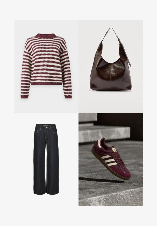 Strikket sweater med lange ærmer i burgunder og hvide vandrette striber samt en ribbet rund halsudskæring.; Mørkeblå lige ben jeans med frontlommer, bæltestropper og gule kontrastsyninger, vist på en hvid baggrund.; Bourgognefarvet sneaker med tekstureret læder, tre hvide striber og gyldne detaljer. Gummisål, klassisk Samba-design og åndbare mesh-detaljer.; Mørkebrunt, skinnende læder skuldertaske med en enkelt bred rem og spændedetalje på den ene side, sat mod en ensartet lys baggrund.