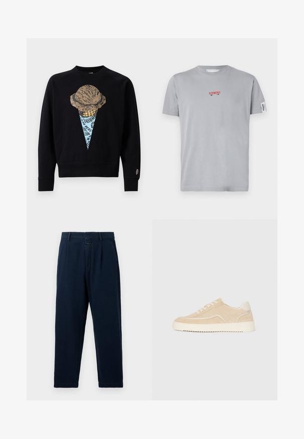 Sort sweatshirt med en grafisk print af en isvaffel med en tekstureret kugle, akkompagneret af blå og guld detaljer.; Iceberg T-shirts print - grigio chiaro; CLOSED BLOMBERG - Baggy jeans - dark blue; Beige ruskinds sneakers med hvid sål og snørebånd, lavtop design og zigzag mønster på sålen.