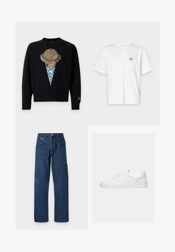 Zwarte sweatshirt met een graphic print van een ijsje met een textuurschep, verrijkt met blauwe en gouden details.; Witte t-shirt van katoen met korte mouwen, een ronde hals, en een klein grijs logo op de linker borstzijde. Soepele textuur.; Donkerblauwe denim cargo broek met een rechte snit, voorzien van meerdere zakken, metalen hardware en contrasterende stiksels.; Witte lage sneaker met vetersluiting, glad leren bovenwerk en dikke zool, gezien vanuit de zijkant tegen een effen achtergrond.
