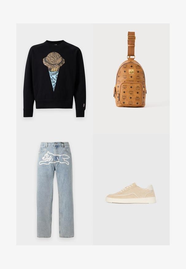 Sort sweatshirt med en grafisk print af en isvaffel med en tekstureret kugle, akkompagneret af blå og guld detaljer.; Lyselavendel denim jeans med en lige pasform, der har et stort hvidt grafik af en kat på ryggen. Klassisk fem-lommers design.; Beige ruskinds sneakers med hvid sål og snørebånd, lavtop design og zigzag mønster på sålen.; Lille tan farvet læder crossbody taske med justerbar rem, front lynlåslomme og gentagende sort MCM-logo mønster.