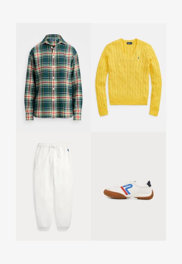 Gul strikket sweater med V-hals, med et kabelstrikket mønster. Ribstrikkede ærmekanter og kant forneden. Lille logoemblem på venstre bryst.; Langærmet skjorte med knaplukning, i grøn, marineblå, hvid, orange og gul plaidmønster, med spredt krave og lille broderet logo på brystet.; Hvide fleece-sweatpants med elastisk talje og manchetter, snor til justering og lille mørkeblå broderet logo på venstre hofte.; Hvid sneaker med brun sål, blå og røde striber på siden og sort hælkappe, vist i sideprofil på en lys baggrund.