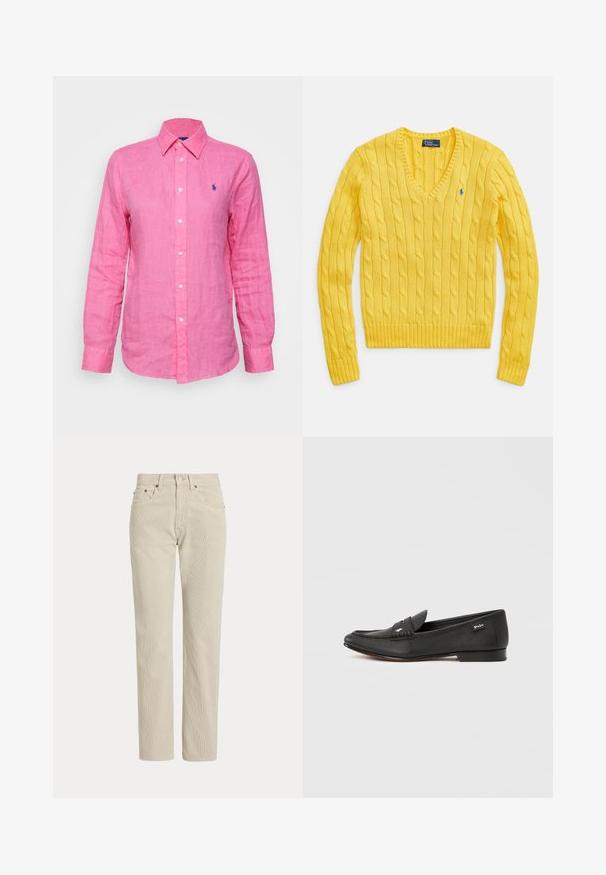 Gul strikket sweater med V-hals, med et kabelstrikket mønster. Ribstrikkede ærmekanter og kant forneden. Lille logoemblem på venstre bryst.; Langærmet, krave skjorte i lys pink linned, med et lille blåt logo på venstre bryst og hvide knapper ned foran.; Beige, lige-benede fløjlsbukser med bæltestropper, frontknap, lynlås og frontlommer.; Sort læderloafer med tekstureret finish, penny keeper-detalje, slank profil, diskret branding på siden og lav, flad hæl.