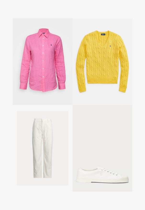 Gul strikket sweater med V-hals, med et kabelstrikket mønster. Ribstrikkede ærmekanter og kant forneden. Lille logoemblem på venstre bryst.; Langærmet, krave skjorte i lys pink linned, med et lille blåt logo på venstre bryst og hvide knapper ned foran.; Hvide bukser med lige ben, store foran-lommer, bæltestropper og lukning med knap i taljen.; Hvide lærredssneakers med rund tå, snørelukning og diskret logo-detalje. Har en tekstureret overflade og gummisål.