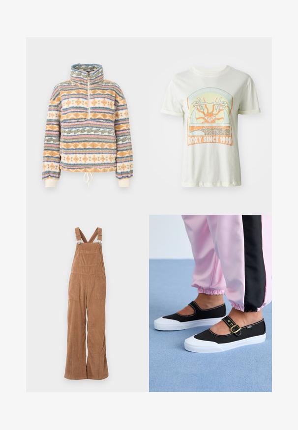 Fleecepullover med høj krave og halv lynlås. Har flerfarvede lodrette striber i orange, blå og creme. Blød tekstur.; Cremefarvet bomulds t-shirt med et retro grafisk design med palmer, sol og "ROXY SINCE 1990" i orange og teal accenter. Korte ærmer.; Brune kordfløjs overalls med brede ben, justerbare stropper og forlomme. Blød tekstur med lodret ribbet mønster.; Sorte lærredssko med en hvid sål, der har et udskæringsdesign og et guldspænde. Bæret med lyserøde træningsbukser.