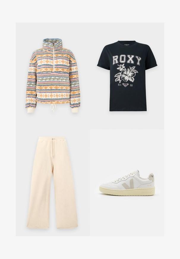 Fleecepullover med høj krave og halv lynlås. Har flerfarvede lodrette striber i orange, blå og creme. Blød tekstur.; Sort bomulds T-shirt med teksten "ROXY" i hvid, med et blomsterdesign og et hjerte symbol. Korte ærmer og en afslappet pasform.; Bredde benbukser i lysbeige, lavet af et struktureret stof. Har en elastisk talje med snoretræk. Enkel, udekoreret design.; Hvide lærreds sneakers med beige ruskindsdetaljer, perforeret tåboks, flade snørebånd og en struktureret cremefarvet sål. Har diskret branding på hælen.