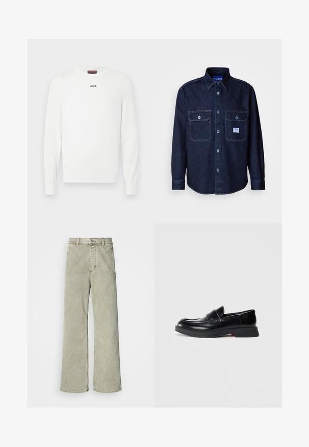 Hvid strikket sweater med rund hals og lange ærmer. Lille sort "HUGO" logo placeret på brystet. Blød tekstur med ribstrikkede manchetter.; Mørk denim skjorte med knapper, lange ærmer, to brystlommer og blå mærketag. Har kontrastsyning og klassisk krave.; Lys grøn brede jeans med høj talje, lavet af denim, med knaplukning og klassisk fem-lommer design.; Sorte læder loafers med en glat finish, der har en hævet frontpanel og en kontrasterende rød detalje på sålen. Flad gummisål.