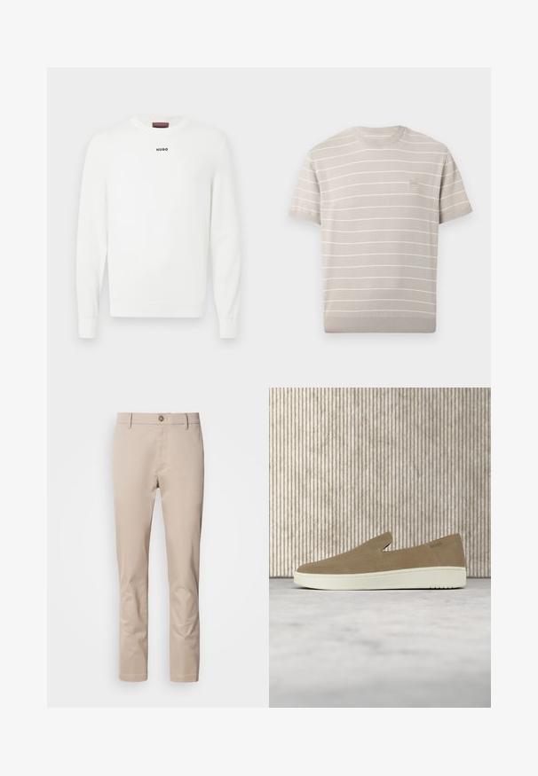 Jersey blanco de punto con cuello redondo y mangas largas. Logotipo pequeño en negro "HUGO" ubicado en el pecho. Textura suave con puños de canalé.; Camiseta de punto beige claro de manga corta con finas rayas horizontales blancas y un pequeño parche con logo cuadrado en el pecho izquierdo.; Chinos de algodón beige con corte recto, trabillas para cinturón, un solo botón frontal y una superficie lisa, sin texturizar. No se ven bolsillos.; Zapato beige sin cordones con suela blanca, mostrado en el aire sobre una alfombra clara con muebles transparentes de color ámbar al fondo.