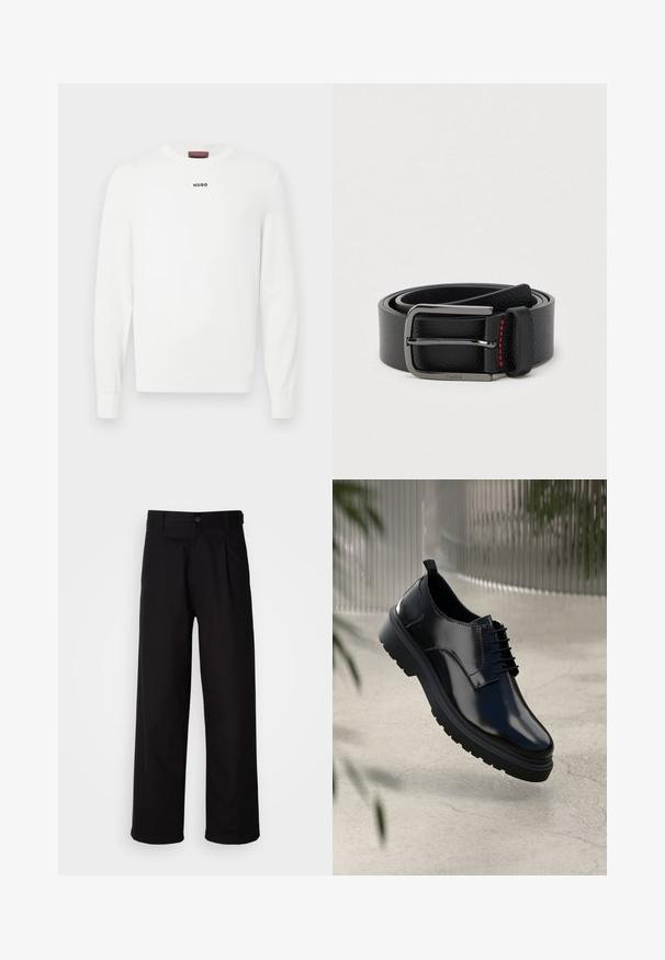 Hvid strikket sweater med rund hals og lange ærmer. Lille sort "HUGO" logo placeret på brystet. Blød tekstur med ribstrikkede manchetter.; Sorte bukser lavet af glat stof, med lige ben, frontfolder og en enkelt knaplukning i taljen.; Sorte lædersko med en blank overflade, rund tå, snøredesign, kontrastsyninger og en tyk gummisål med mønster.; Sort læderbælte med sølvspænde og røde syninger, rullet sammen på en ensartet lys baggrund.