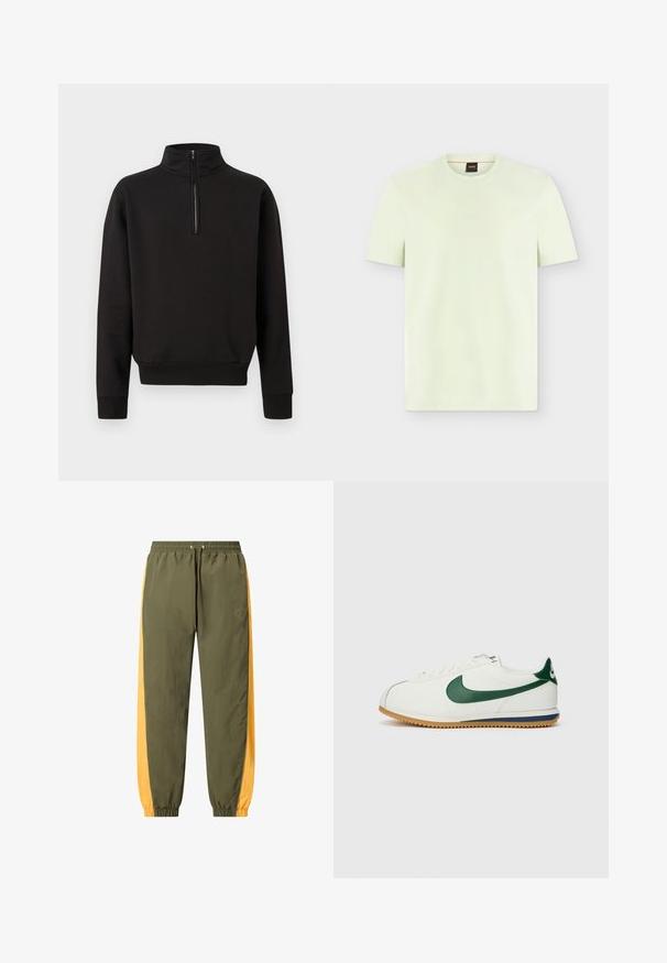 Zwarte pullover met lange mouwen, een halve ritssluiting aan de voorkant, een hoge kraag, geribde manchetten en een geribde tailleband, afgebeeld op een effen lichte achtergrond.; Effen lichtgroen T-shirt met korte mouwen, een ronde halslijn en een subtiel cadeau BOSS-logo op de borst.; Olijfgroene trainingsbroek met gele zijstrepen, een elastische tailleband, een trekkoord, elastische manchetten en een subtiel logo op het bovenbeen.; Nike sneakers met een witte leren bovenzijde, groene accenten, rubberen zool met een gestructureerd profiel en een klassieke vetersluiting.
