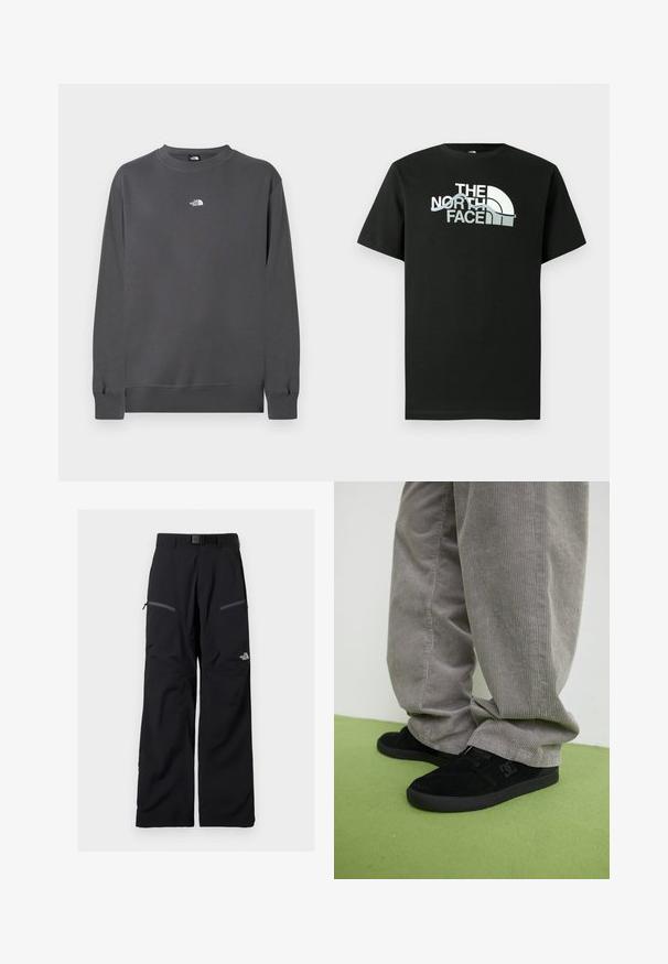 Sudadera gris hecha de una tela mezcla de algodón, con cuello redondo, mangas largas, puños acanalados y un pequeño logo blanco en el pecho.; Camiseta negra de algodón con un diseño de logo impreso en blanco y gris, mangas cortas y cuello redondo.; Pantalones exteriores negros con cinturón ajustable, dos bolsillos en los muslos con cremallera y el logotipo de The North Face en la pierna derecha.; Zapatillas de skate de ante negro con un acabado texturizado y un logo, combinadas con pantalones de pana gris con una textura acanalada. Superficie del suelo en verde.