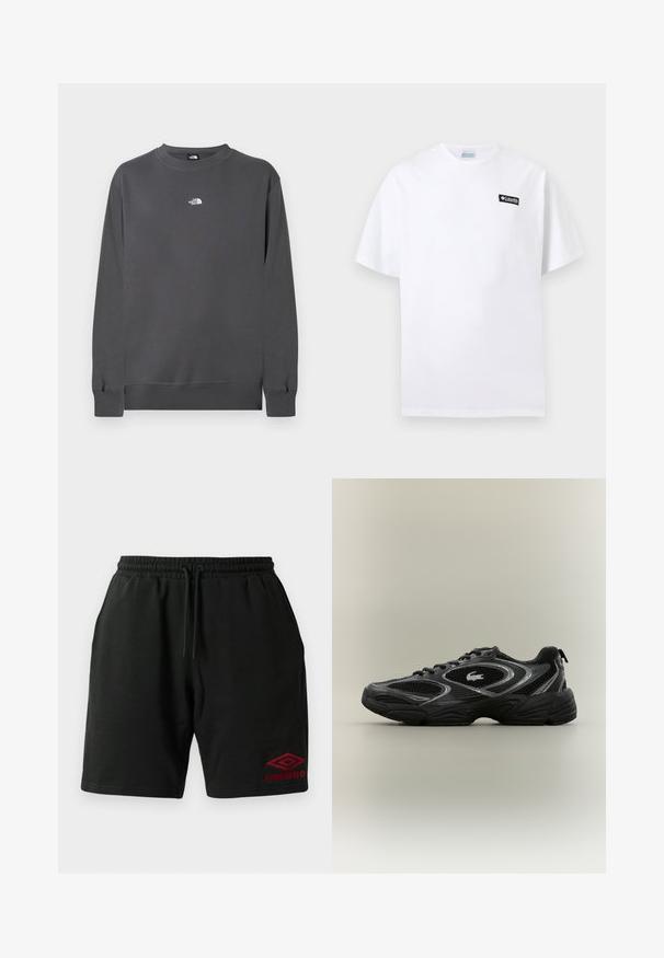 Grijze sweatstof trui van een katoenmix, met een ronde hals, lange mouwen, geribbelde manchetten en een klein wit logo op de borst.; Wit T-shirt met korte mouwen en een klein zwart Columbia-logo op de bovenste linkerborst tegen een effen achtergrond.; Zwarte sweatshorts met trekkoord, zijzakken en een rood Umbro-logo geborduurd op de onderste linkerbenen.; Zwarte en grijze sport sneaker met meshpanelen, vetersluiting, dikke zool en een klein krokodillologo aan de zijkant.