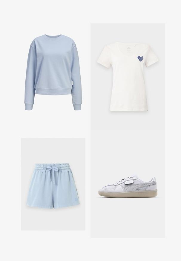Lichtblauwe crewnecktrui met lange mouwen en geribde manchetten en zoom, getoond op een witte achtergrond.; Wit korte mouwen T-shirt met V-hals en een klein marineblauw hartvormig ontwerp op de bovenste linkerborst.; Lichtblauwe korte broek met elastische taille en trekkoord, met een subtiel logo op het onderste linkerbeen, afgebeeld op een effen achtergrond.; Witte leren sneaker met grijze accenten, vetersluiting en een gestructureerde rubberen zool. Heeft een opvallend logo aan de zijkant.