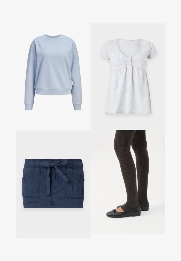Sweat-shirt bleu clair à col rond, manches longues et poignets et ourlet côtelés, présenté sur un fond blanc.; Haut pour femme à manches courtes gris clair, avec encolure en V et fronces sous la poitrine.; Mini-jupe bleu marine avec grandes poches avant et ceinture en tissu nouée à la taille, en coton texturé.; Jambes portant des leggings côtelés foncés associés à des ballerines noires avec de petits détails en nœud sur fond blanc.