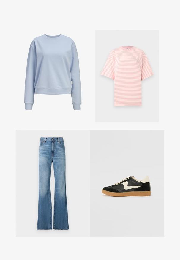 Hellblauer Sweatshirt mit Rundhalsausschnitt, langen Ärmeln sowie gerippten Bündchen und Saum, vor weißem Hintergrund dargestellt.; Hellrosa-weiß gestreiftes T-Shirt mit kurzen Ärmeln und Rundhalsausschnitt, vor einem schlichten hellen Hintergrund dargestellt.; Replay BECKA PANTS - Jeans Relaxed Fit - medium blue; Schwarze Wildleder- und Leder-Sneaker mit einem cremefarbenen Seiten-Swoosh und einer hellcremefarbenen Ferse. Ausgestattet mit beige Schnürsenkeln und einer Gummilaufsohle.