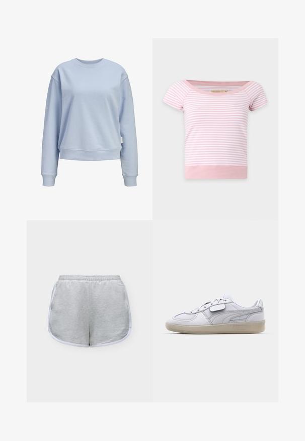 Sweat-shirt bleu clair à col rond, manches longues et poignets et ourlet côtelés, présenté sur un fond blanc.; Haut court à manches courtes à rayures horizontales roses et blanches, avec un large col et un ourlet et des poignets rose uni.; Short de sport gris clair avec bordure blanche et taille élastique, posé à plat sur un fond blanc.; Baskets blanches en cuir avec des accents gris, fermeture à lacets et semelle en caoutchouc texturée. Présente un logo bien en vue sur le côté.