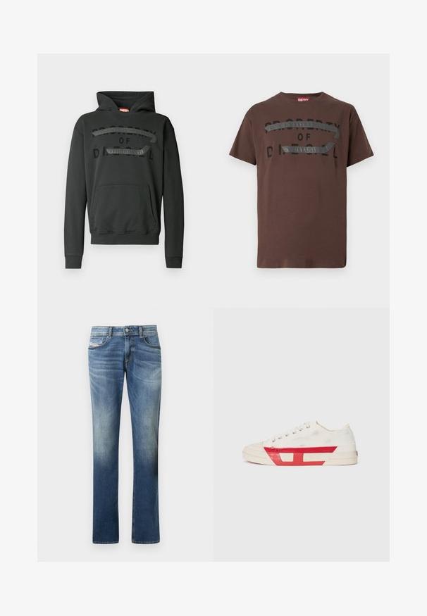 Sweat à capuche noir en mélange de coton, avec une poche avant, une capuche à cordon de serrage, et un logo noir mat sur la poitrine.; T-shirt en coton marron avec un texte graphique noir « PROPERTY OF D » et un accent gris texturé traversant la poitrine. Manches courtes, coupe décontractée.; Jean en denim bleu avec une finition délavée, coupe droite, style cinq poches, et détails de couture subtils. Fermeture classique par boutons.; Baskets en toile avec un dessus blanc, des accents en caoutchouc rouge et un design texturé. Elles présentent une tête arrondie et cinq œillets pour les lacets.