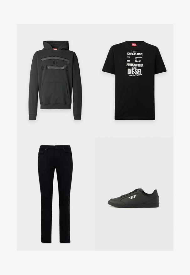 Schwarzer Hoodie aus Baumwollmischung mit Fronttasche, verstellbarer Kapuze und mattschwarzem Logodesign auf der Brust.; Schwarzes Baumwoll-T-Shirt mit kräftigen weißen Textgrafiken, darunter "DIESEL" und "INDUSTRY", mit rundem Halsausschnitt und kurzen Ärmeln.; Schwarze Slim-Fit-Jeans mit Vorder- und Rückentaschen, Gürtelschlaufen und Knopfverschluss, auf einem weißen Hintergrund präsentiert.; Schwarze Sneakers aus synthetischem Material mit einer strukturierten schwarzen Sohle, rundem Zehenbereich und flachen schwarzen Schnürsenkeln. Auffälliges weißes Logo auf der Außenseite.
