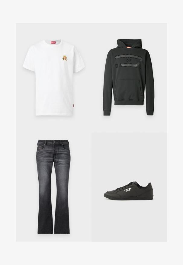 Sweat à capuche noir en mélange de coton, avec une poche avant, une capuche à cordon de serrage, et un logo noir mat sur la poitrine.; T-shirt Diesel blanc à manches courtes avec une petite grenouille colorée tenant un logo Diesel rouge sur le côté gauche de la poitrine.; Jean noir évasé en denim, présentant un délavage, cinq poches et une fermeture à bouton à l'avant avec des détails de couture contrastants.; Baskets synthétiques noires avec une semelle noire texturée, un bout rond et des lacets plats noirs. Logo blanc remarquablement placé sur le côté extérieur.