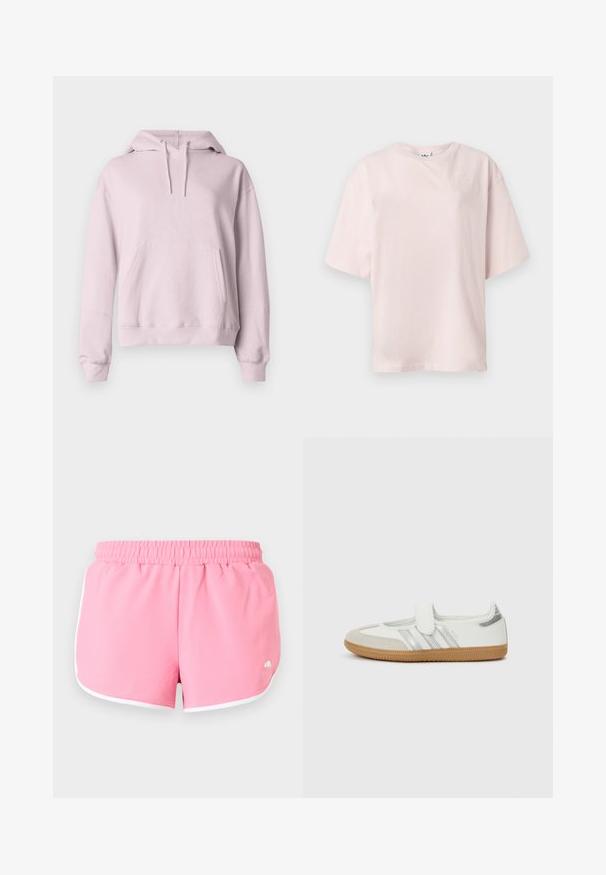 Sweat à capuche rose clair avec cordons, manches longues, poche kangourou frontale et bords-côtes aux poignets et à l'ourlet sur un fond uni.; T-shirt rose clair à manches courtes avec col rond et logo Adidas discret brodé sur la partie supérieure gauche de la poitrine.; Shorts de sport roses avec bordure blanche et taille élastique, présentés à plat sur un fond clair.; Baskets blanches avec rayures argentées, embout en daim et bande velcro. Semelle en caoutchouc gomme texturée. Design minimaliste avec une finition lisse.
