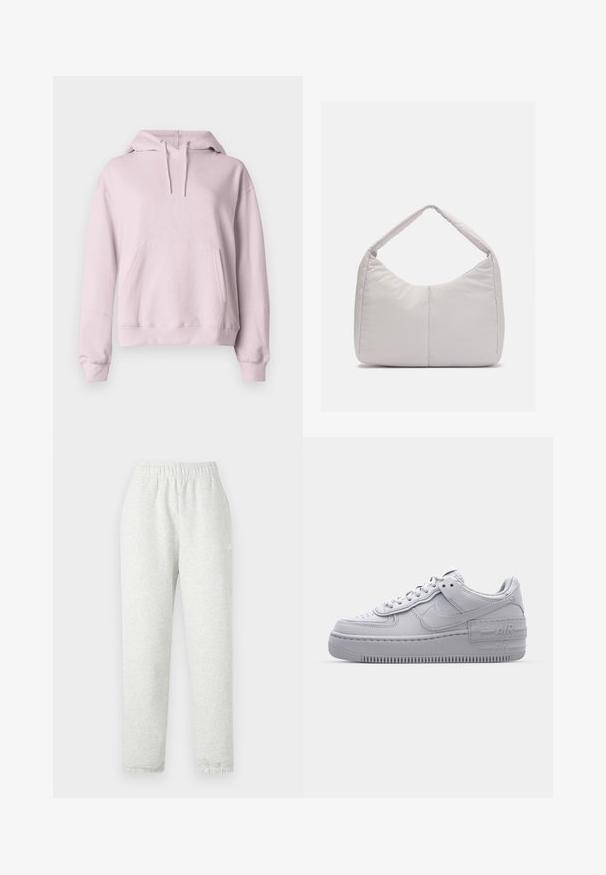 Sudadera con capucha de color rosa claro con cordones, mangas largas, bolsillo frontal tipo canguro y puños y dobladillo acanalados sobre un fondo liso.; Pantalones de chándal gris claro con una cinturilla elástica, piernas cónicas y puños acanalados. Fabricados con un tejido suave y texturizado. Detalle del logo blanco en el lateral.; Zapatilla Nike Air Force 1 gris con puntera perforada, parte superior de cuero suave, suela gruesa y detalle en relieve 'AIR' en el talón.; Bolso de hombro acolchado en gris claro con forma curvada, que cuenta con un asa sencilla y una superficie lisa y texturizada. Diseño simple sin hardware adicional.