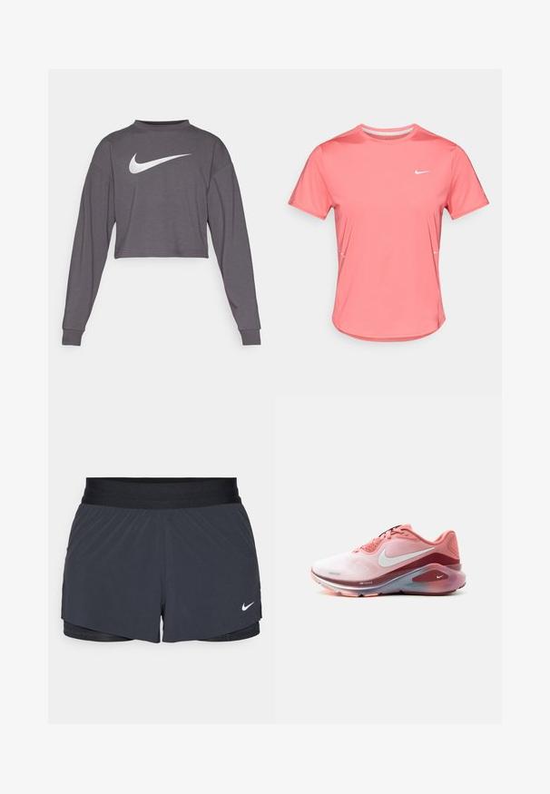 Knapper langærmet sweatshirt i mørkegråt stof med rund hals. Har en fremtrædende hvid Nike-logo på forsiden. Blød tekstur.; Pink Nike kortærmet sportst-shirt med rund hals, glat tekstur, hvidt logo på venstre bryst og reflekterende detaljer på siderne.; Sort træningsshorts med elastisk talje, der har et lagdelt design og et lille hvidt Nike-logo nederst til venstre. Letvægtsmateriale.; Pink og rød Nike løbesko med hvid swoosh-logo, polstret sål og mesh-overdel, vist fra siden på hvid baggrund.
