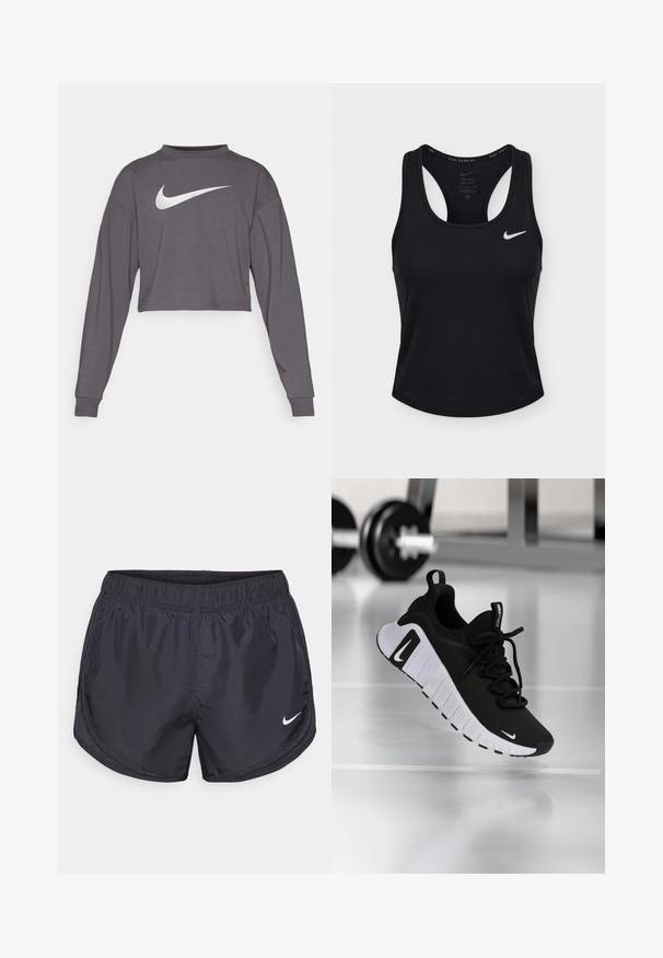 Knapper langærmet sweatshirt i mørkegråt stof med rund hals. Har en fremtrædende hvid Nike-logo på forsiden. Blød tekstur.; Sort Nike Dri-FIT ærmeløs løbetop med racerback og hvid Nike swoosh-logo på venstre bryst.; Sorte atletiske shorts med elastisk talje, lavet af letvægtsmateriale, med et lille hvidt Nike-logo nederst til venstre.; Sort atletiksko med en tekstureret stofoverdel, hvid sål og fremtrædende snøresystem. Indeholder en Nike-logo og et blødt, polstret design.