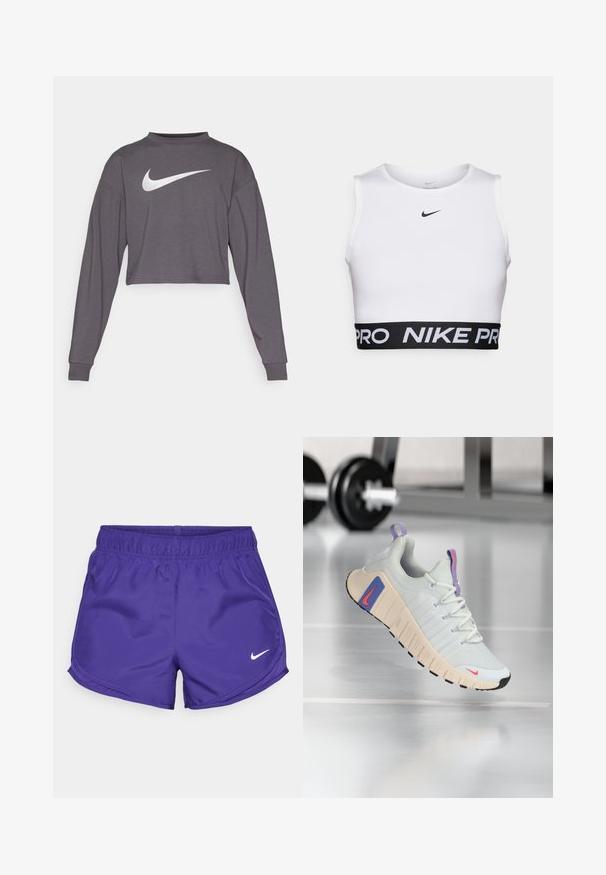 Orezaná mikina s dlhým rukávom v tmavošedej tkanine s okrúhlym výstrihom. Na prednej strane výrazné biele logo Nike. Mäkká textúra.; Biely športový crop top s okrúhlym výstrihom, bez rukávov a čiernym elastickým pásom s textom "NIKE PRO".; Fialové športové šortky vyrobené z hladkej látky, s elastickým pásom a bielym logom Nike na spodnej pravej strane.; Tenisky s Ľahko šedým sieťovaným zvrškom, polstrovaným golierom a textúrovanou krémovou podrážkou. Obsahujú ružové a modré akcenty a čierny gumový dezén.